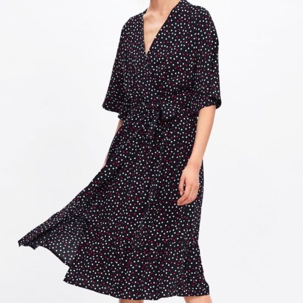 Zara Polka Dot Wrap Midi Maxi Long Dress Size XSmall Blue Red